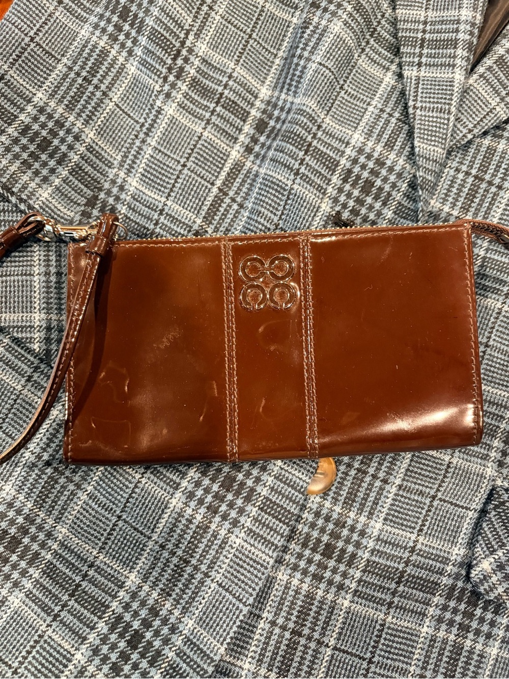 Coach Brown Patent Leather Wristlet with large animal print scarf - Picture 9 of 13